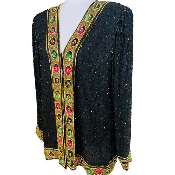 Vintage Lawrence Kazar New York  XL Beaded Sequins 100% Silk Jacket Long Sleeve - Picture 1 of 11